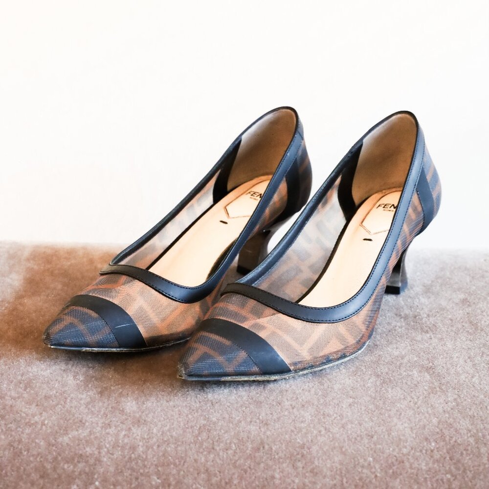 SOLD! Fendi Colibri Black and Brown Mesh Pumps with Chrome Heel